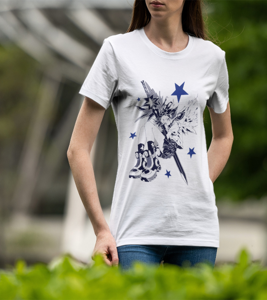 Arkestar Anime Girl Sword Wings Blue Stars T-Shirt