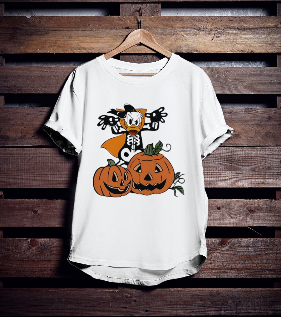 Donald Duck Skeleton Costume With Pumpkins Disney Halloween T-Shirt