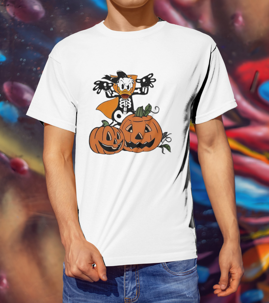 Donald Duck Skeleton Costume With Pumpkins Disney Halloween T-Shirt