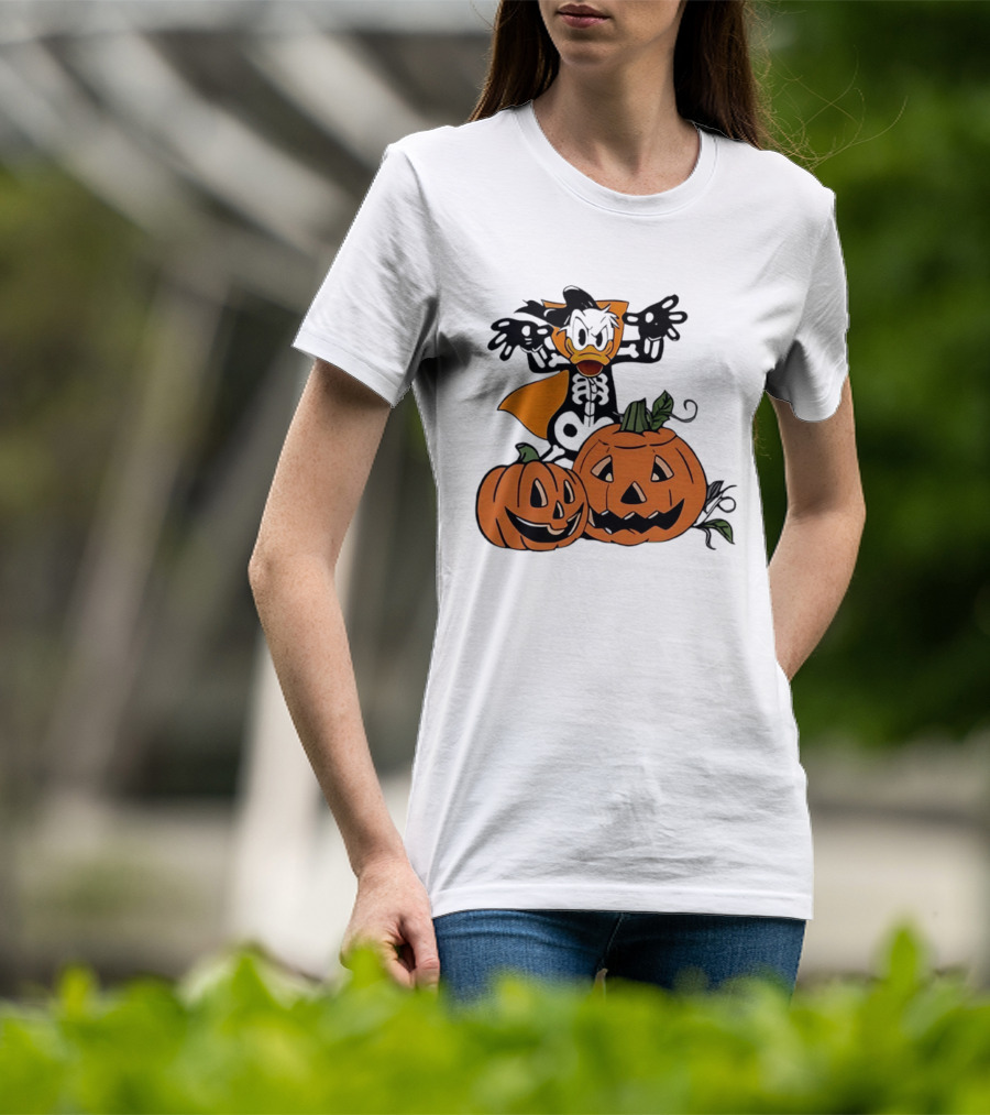 Donald Duck Skeleton Costume With Pumpkins Disney Halloween T-Shirt