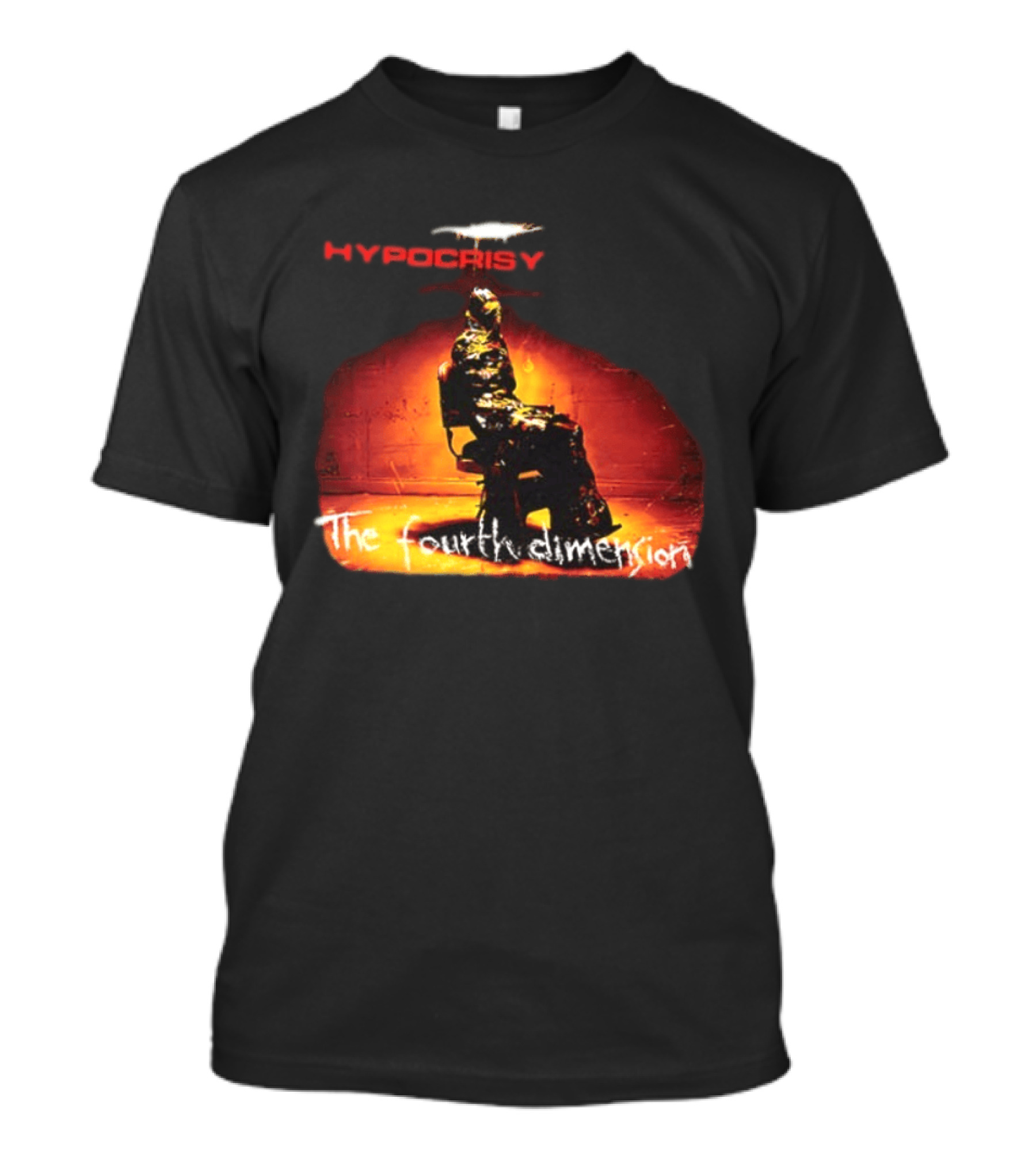 Hypocrisy The Fourth Dimension Red Text And Seated Figure T-Shirt