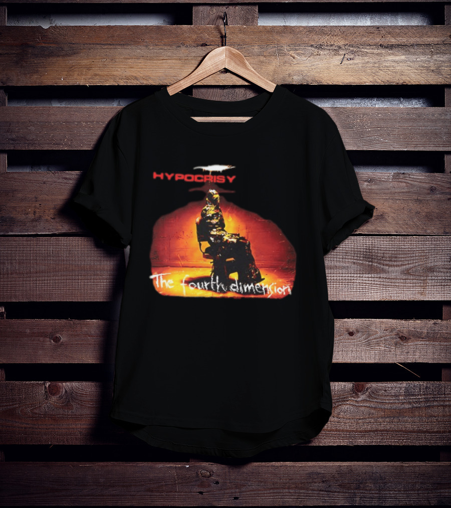 Hypocrisy The Fourth Dimension Red Text And Seated Figure T-Shirt