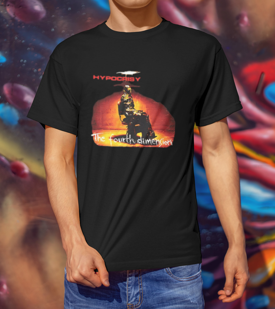 Hypocrisy The Fourth Dimension Red Text And Seated Figure T-Shirt