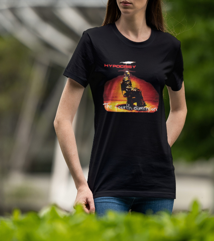 Hypocrisy The Fourth Dimension Red Text And Seated Figure T-Shirt