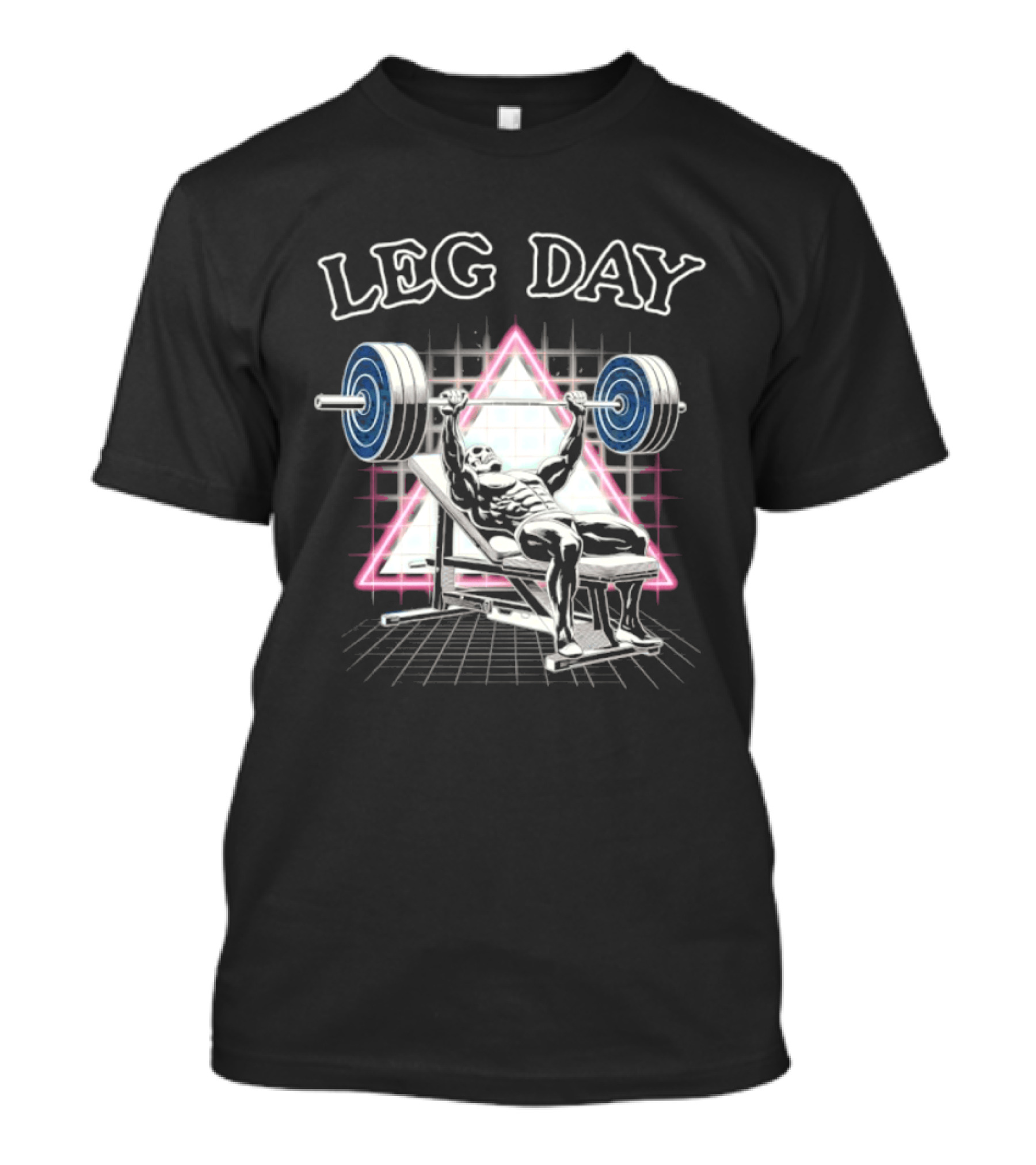 Leg Day Skeleton Weightlifting Gym Bodybuilding 80s Aesthetic Neon Triangle T-Shirt