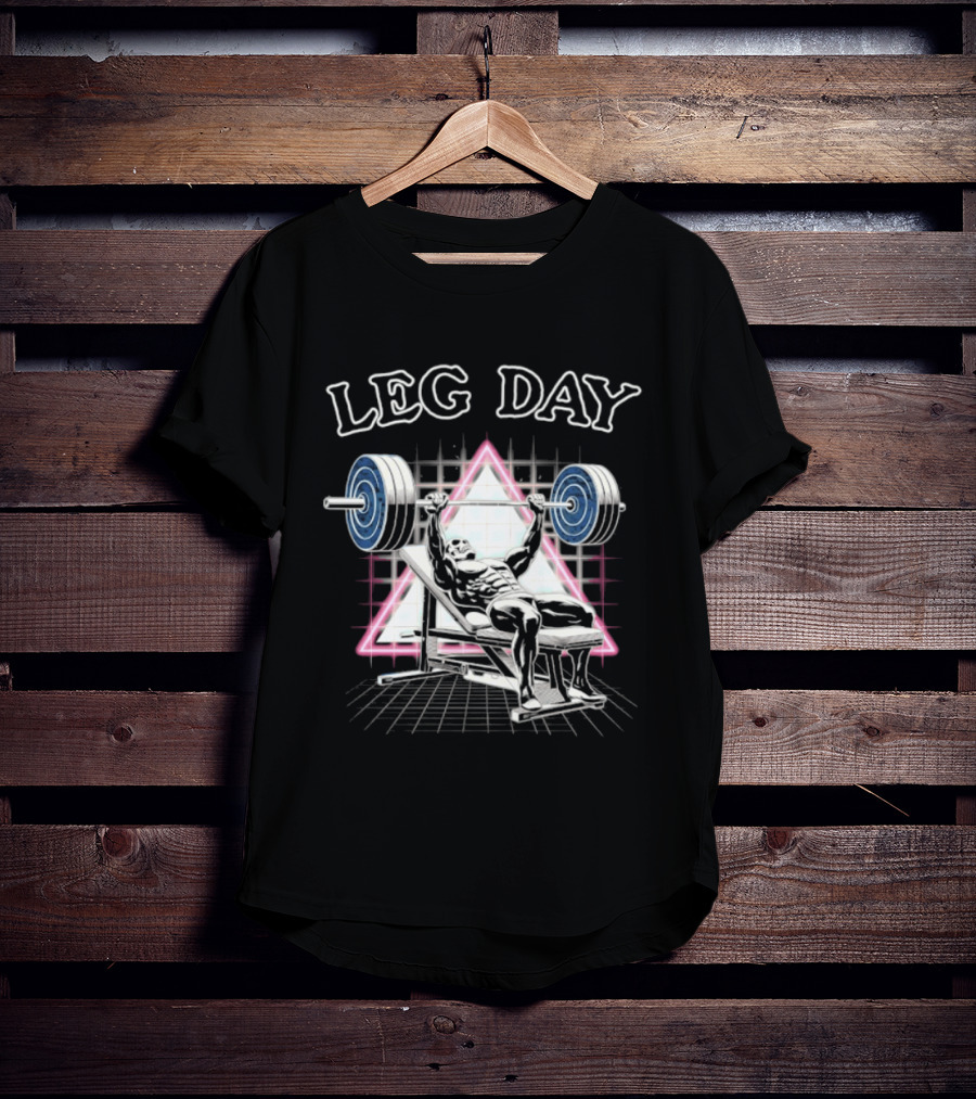 Leg Day Skeleton Weightlifting Gym Bodybuilding 80s Aesthetic Neon Triangle T-Shirt