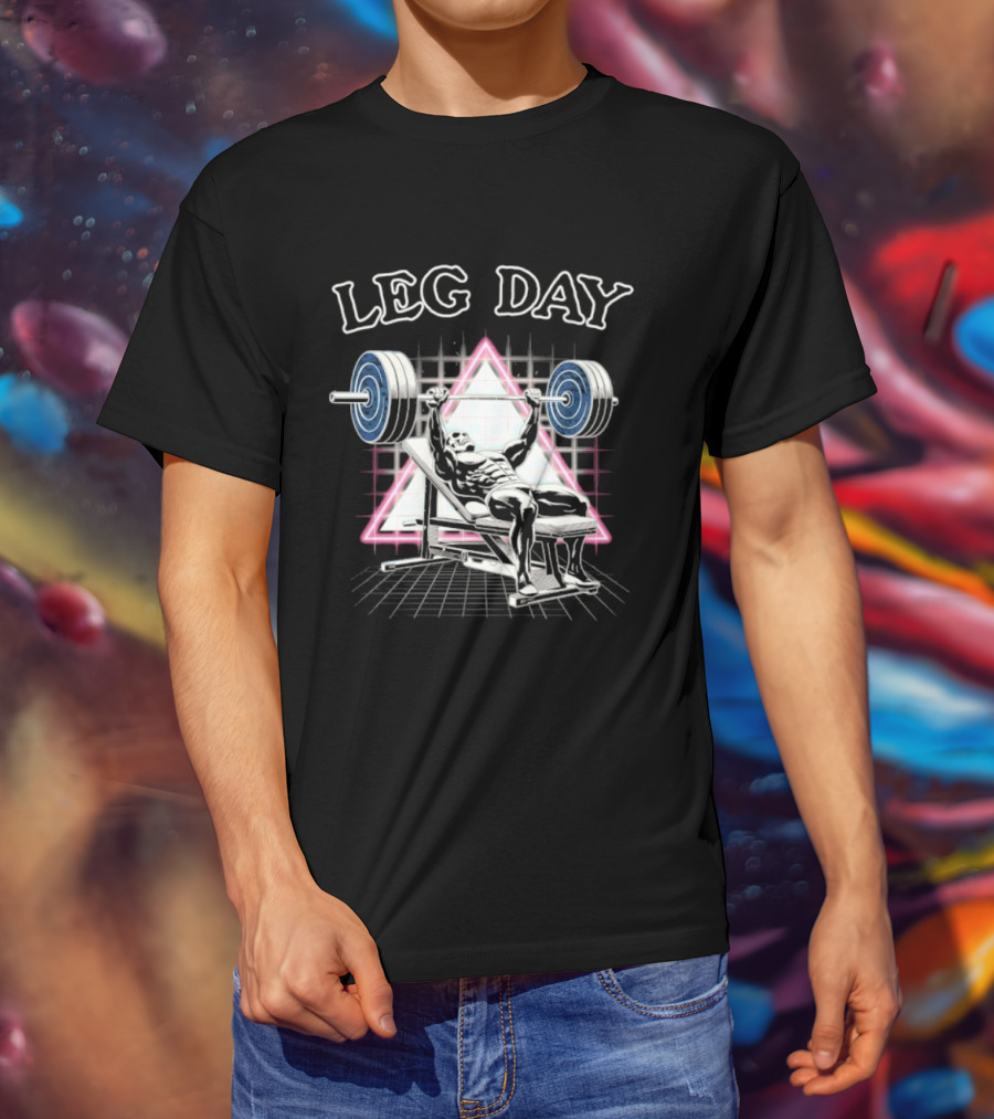Leg Day Skeleton Weightlifting Gym Bodybuilding 80s Aesthetic Neon Triangle T-Shirt