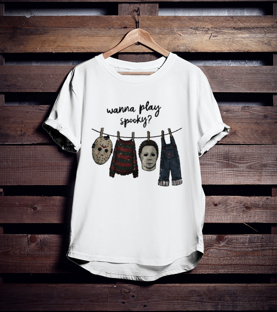 Wanna Play Spooky Halloween Horror Mask And Costume References T-Shirt