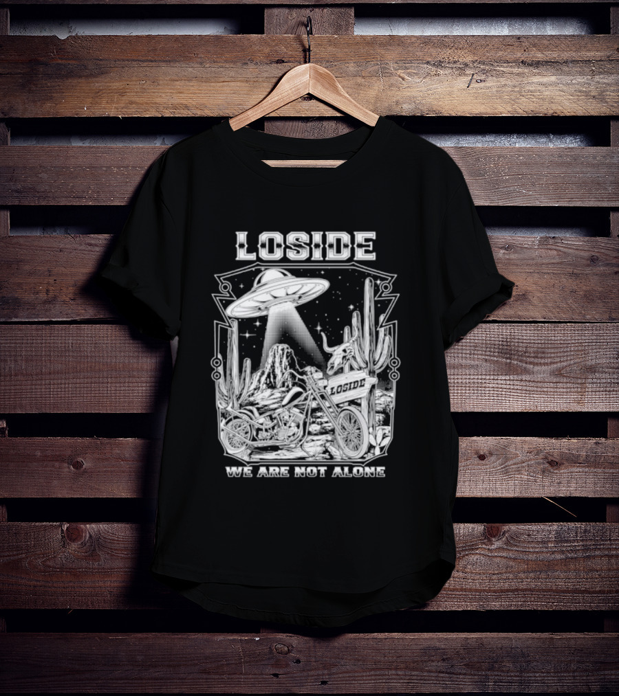 Loside We Are Not Alone UFO Motorcycle Desert Scene Cactus Stars T-Shirt