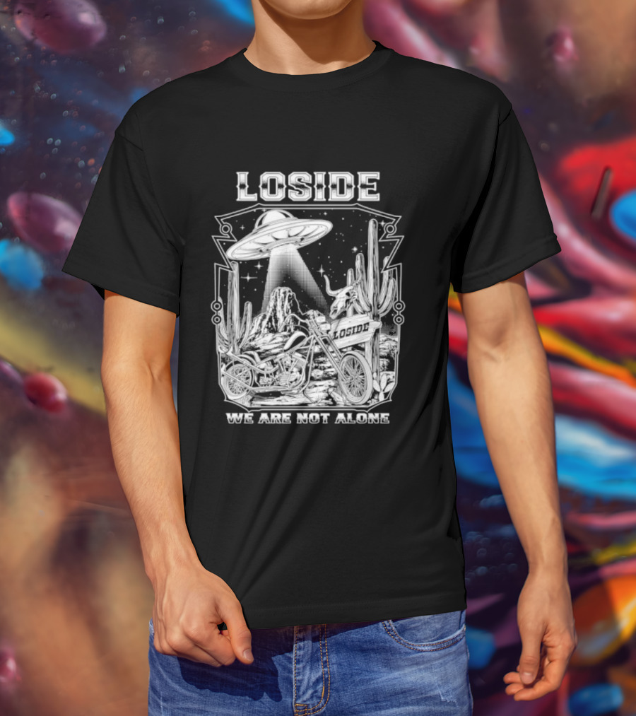 Loside We Are Not Alone UFO Motorcycle Desert Scene Cactus Stars T-Shirt