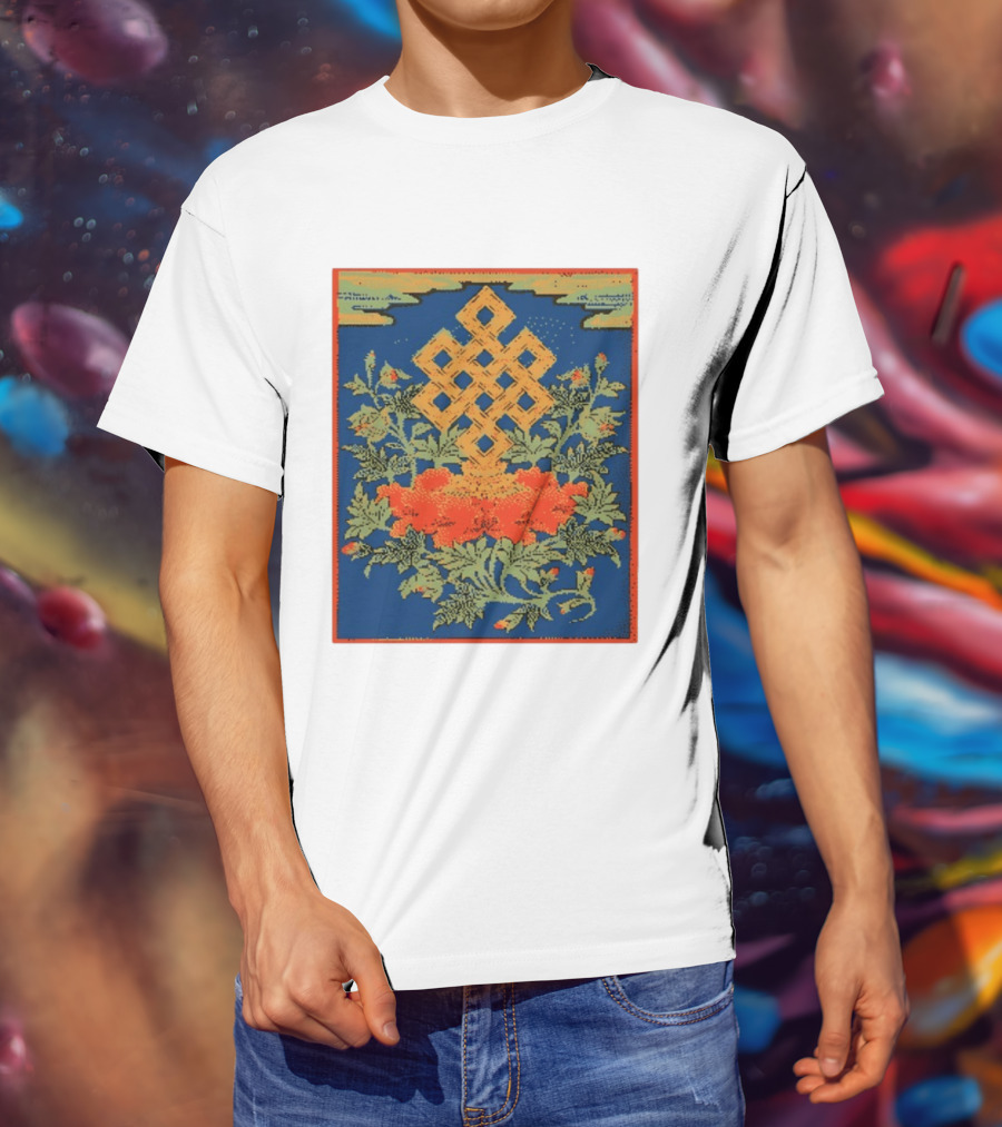 Srivatsa Endless Knot Floral Design Buddhist Symbol With Blossoms T-Shirt