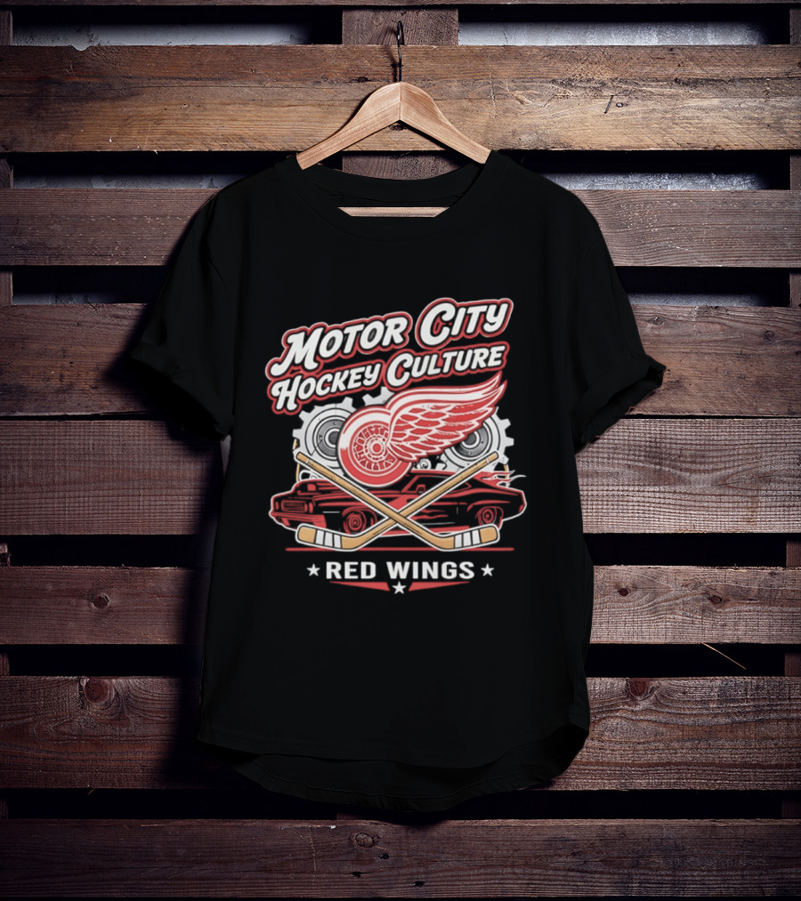 Motor City Hockey Culture Red Wings NHL Classic Logo And Car T-Shirt