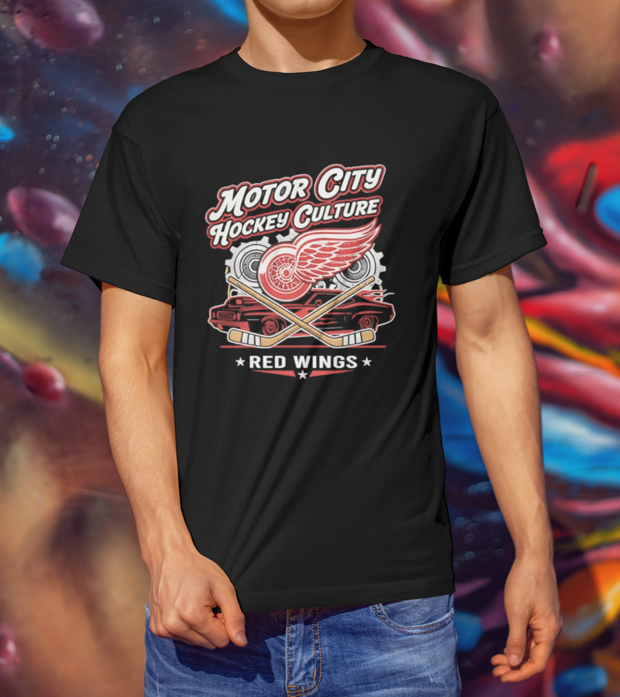Motor City Hockey Culture Red Wings NHL Classic Logo And Car T-Shirt