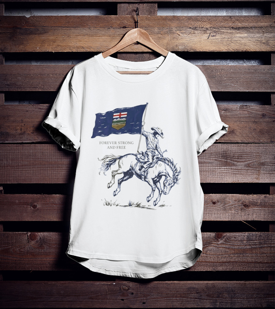 Alberta Flag Forever Strong And Free Bronco Rider Cowboy T-Shirt