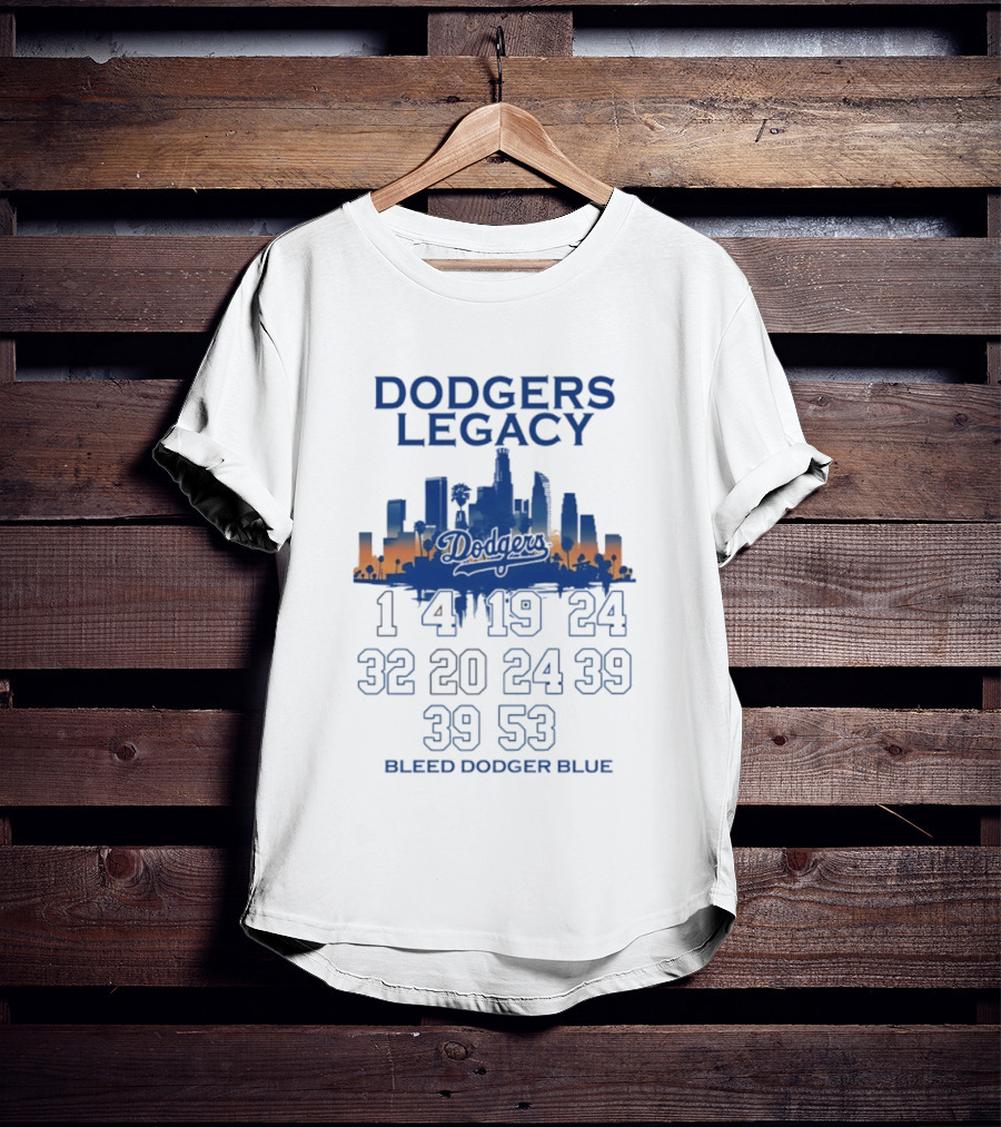 Dodgers Legacy 1 4 19 24 32 20 24 39 39 53 Bleed Dodger Blue Skyline Dodgers T-Shirt