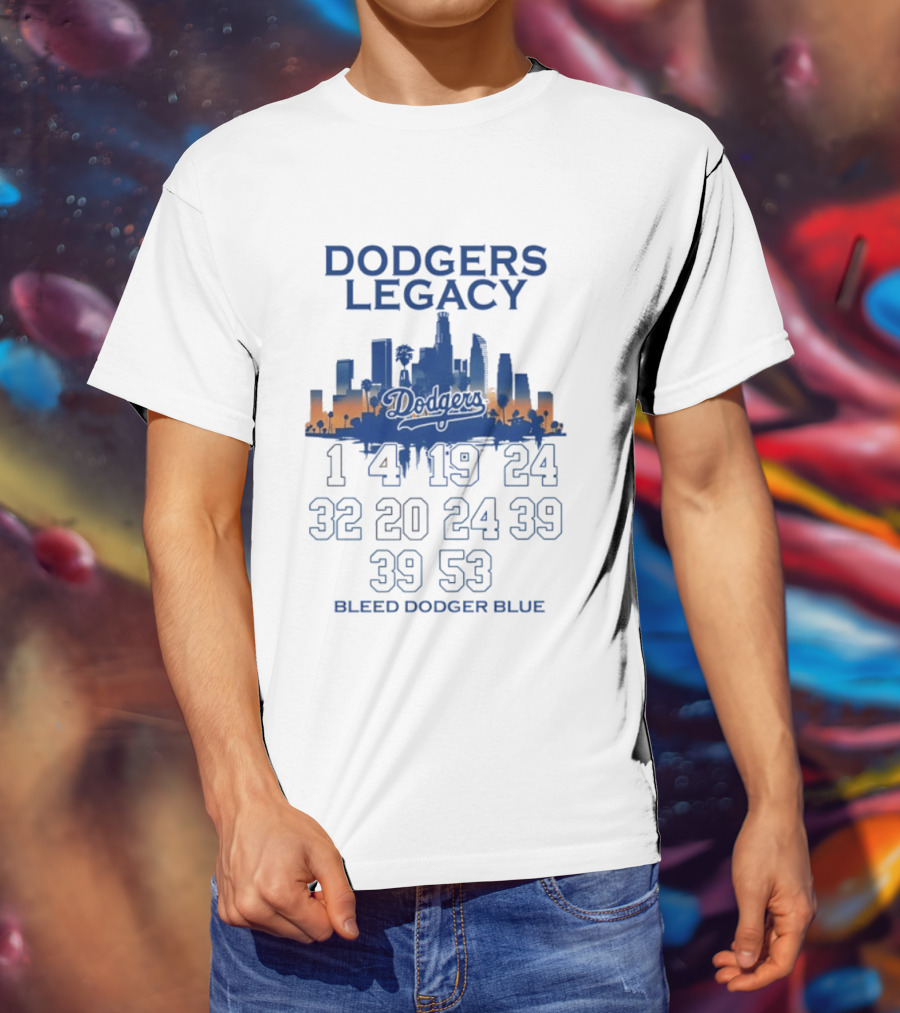 Dodgers Legacy 1 4 19 24 32 20 24 39 39 53 Bleed Dodger Blue Skyline Dodgers T-Shirt