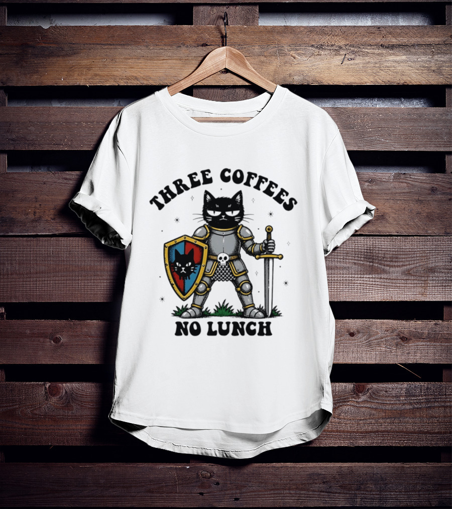 Three Coffees No Lunch Black Cat Armored Knight Shield T-Shirt