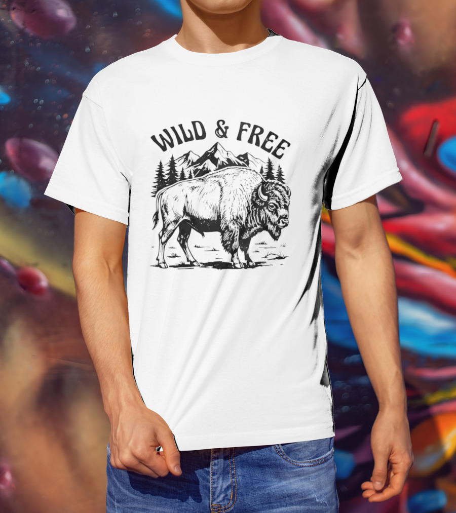 Wild And Free Bison With Mountain And Forest Scene T-Shirt