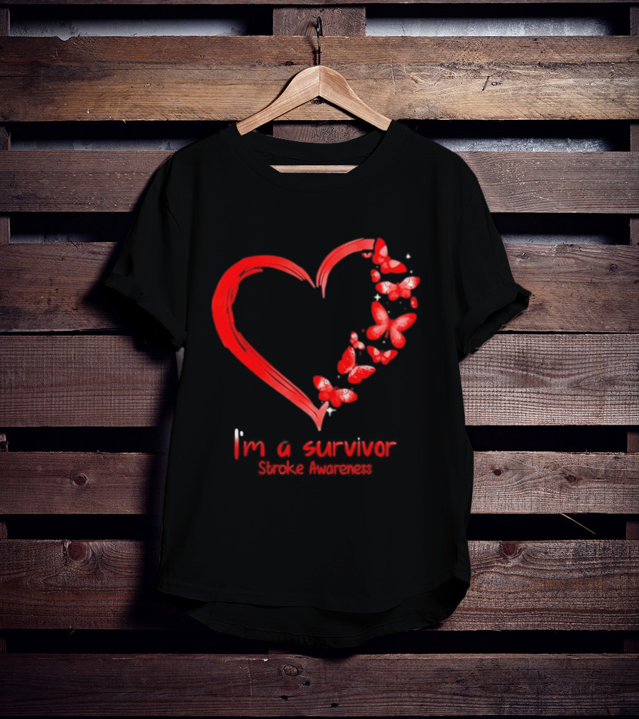 I'm A Survivor Stroke Awareness Heart And Red Butterflies T-Shirt