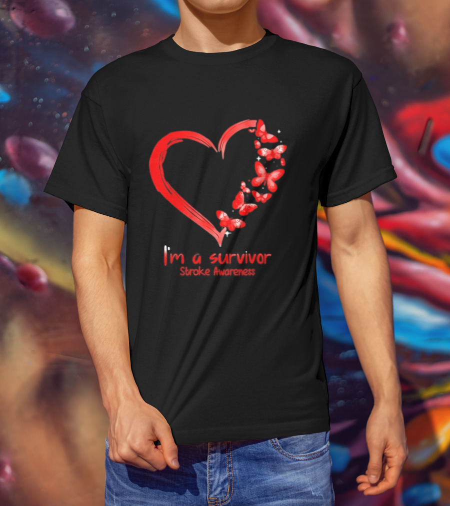 I'm A Survivor Stroke Awareness Heart And Red Butterflies T-Shirt