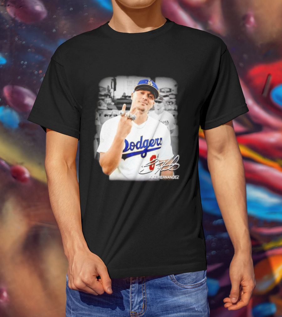 Kike Hernandez Los Angeles Dodgers MLB Number 14 Autographed Photo T-Shirt