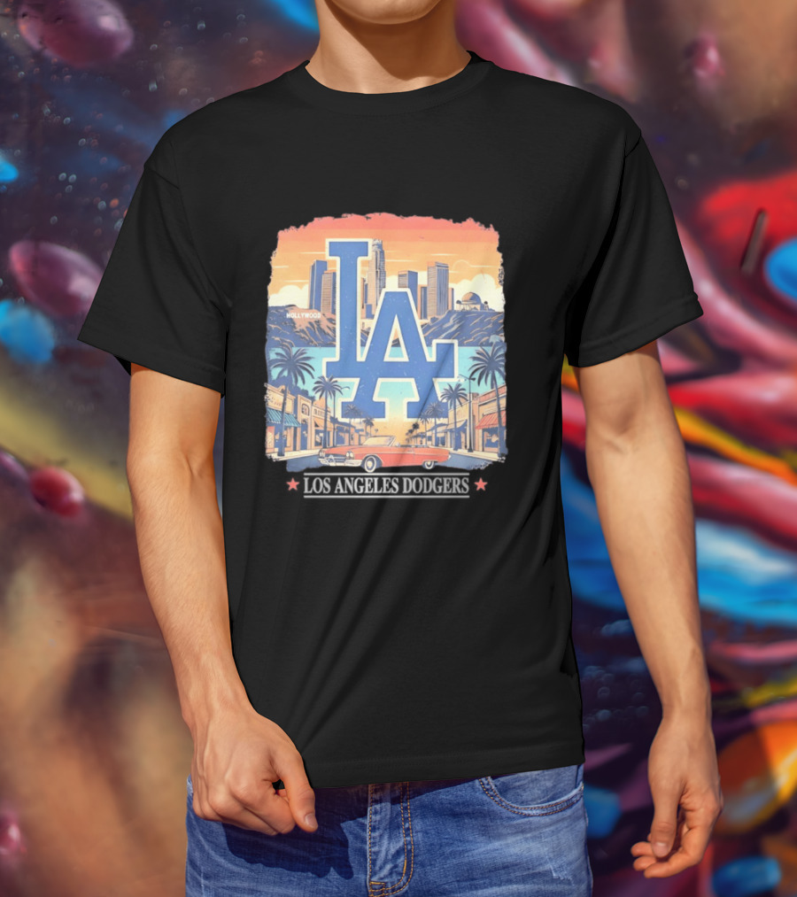 Los Angeles Dodgers LA Hollywood Skyline Classic Car T-Shirt
