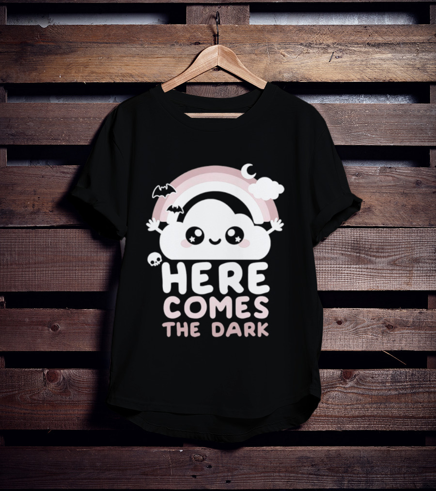 Here Comes The Dark Cute Cloud Rainbow Bats Moon And Stars T-Shirt