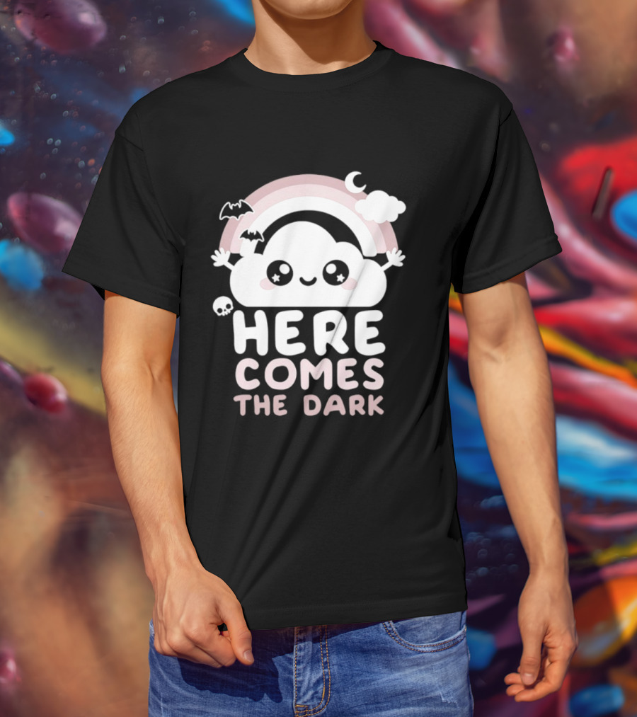 Here Comes The Dark Cute Cloud Rainbow Bats Moon And Stars T-Shirt