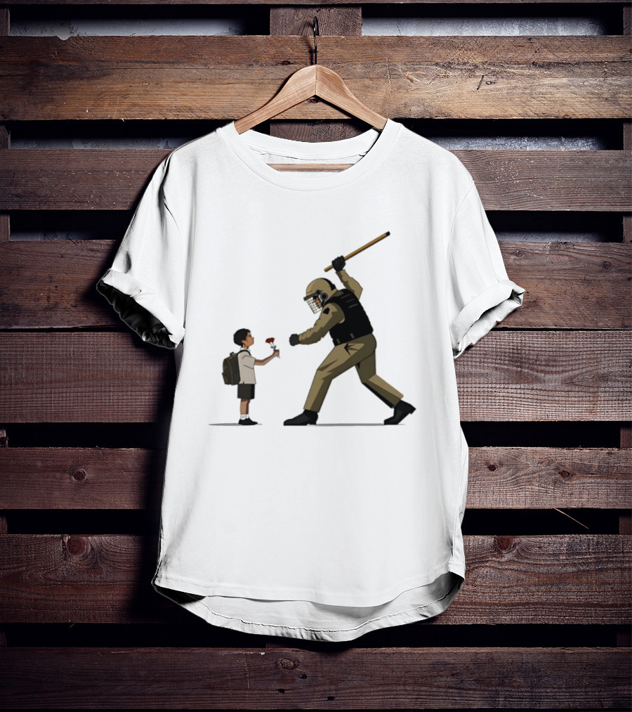 Bloom Under Fire: Child Offering Flower To Armed Officer T-Shirt
