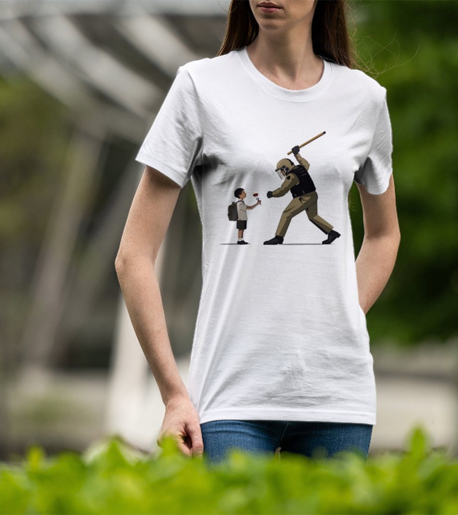 Bloom Under Fire: Child Offering Flower To Armed Officer T-Shirt