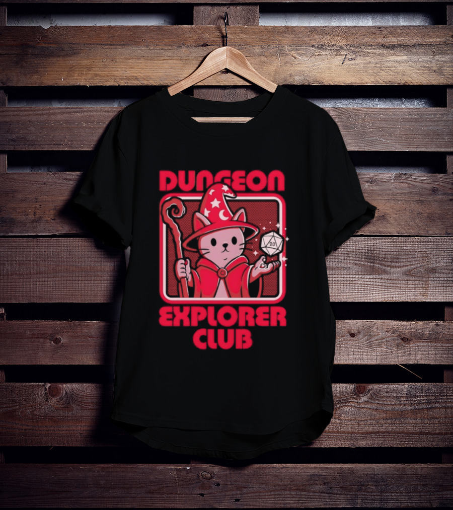 Dungeon Explorer Club Wizard Cat With D20 Dice Magic Wand T-Shirt