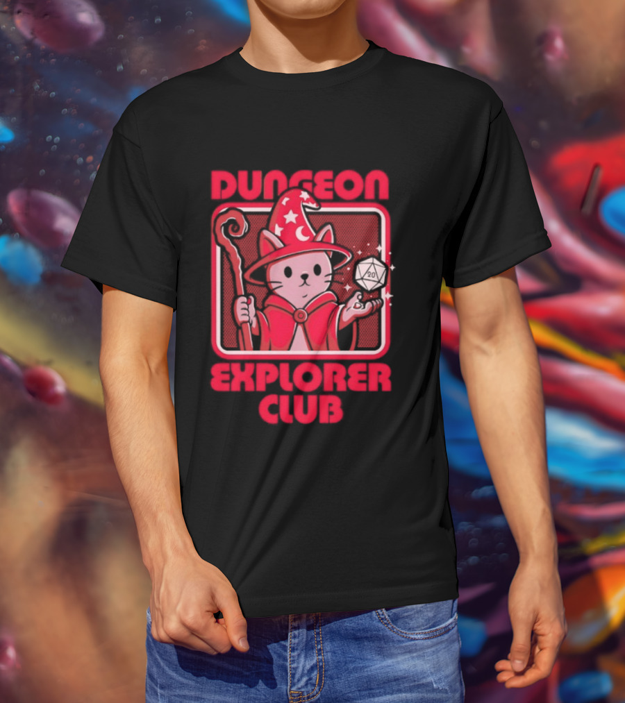 Dungeon Explorer Club Wizard Cat With D20 Dice Magic Wand T-Shirt