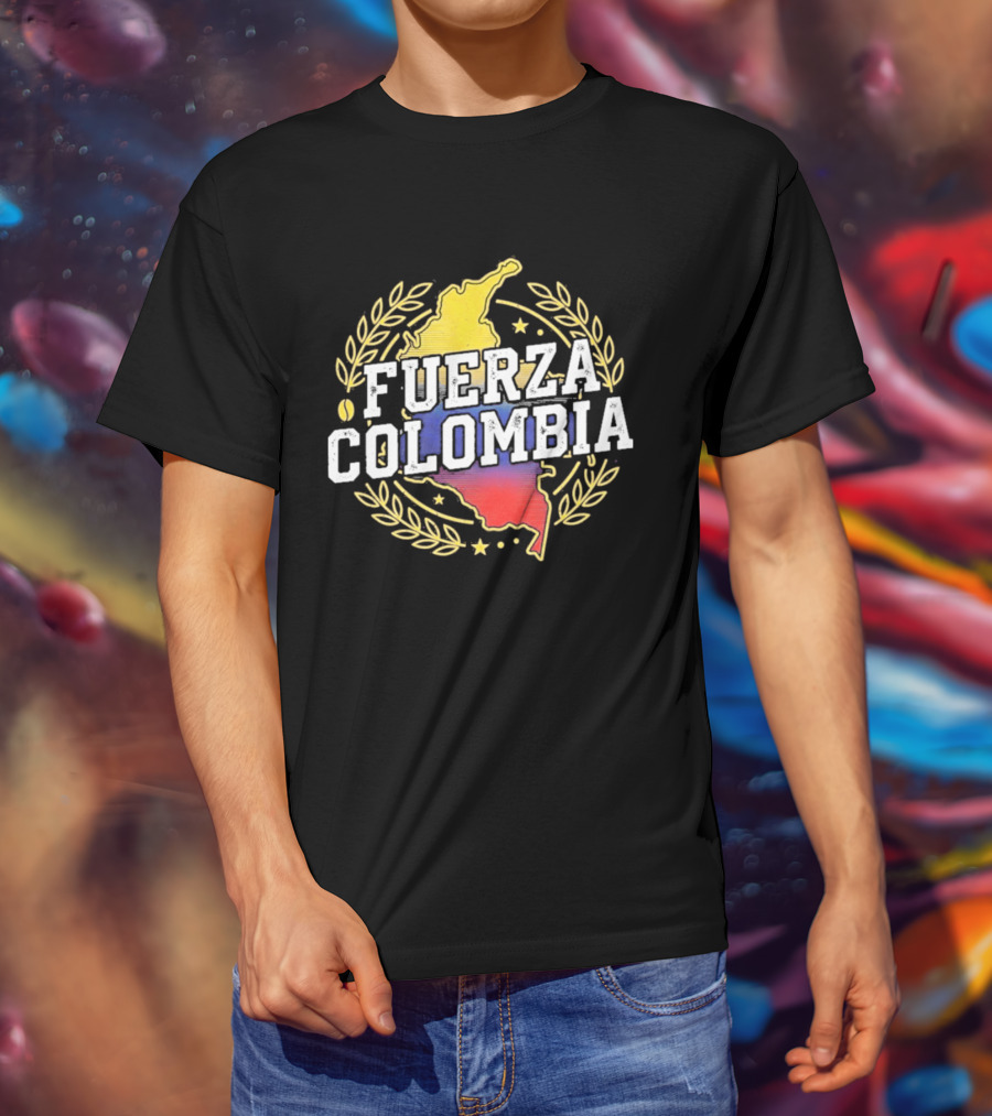 Fuerza Colombia Map Yellow Blue Red Laurel And Stars T-Shirt