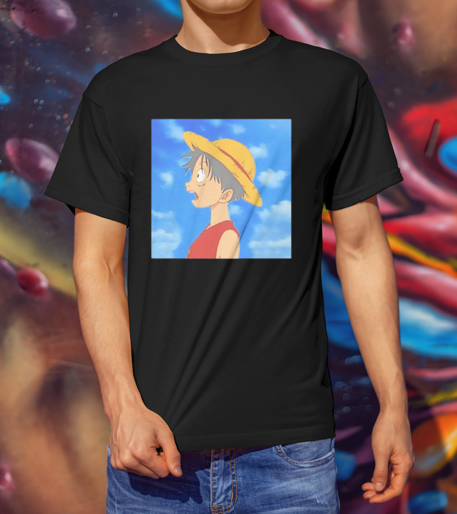Monkey D Luffy Sky Gazing Red Vest Yellow Straw Hat Anime Scene Clouds Blue Sky T-Shirt