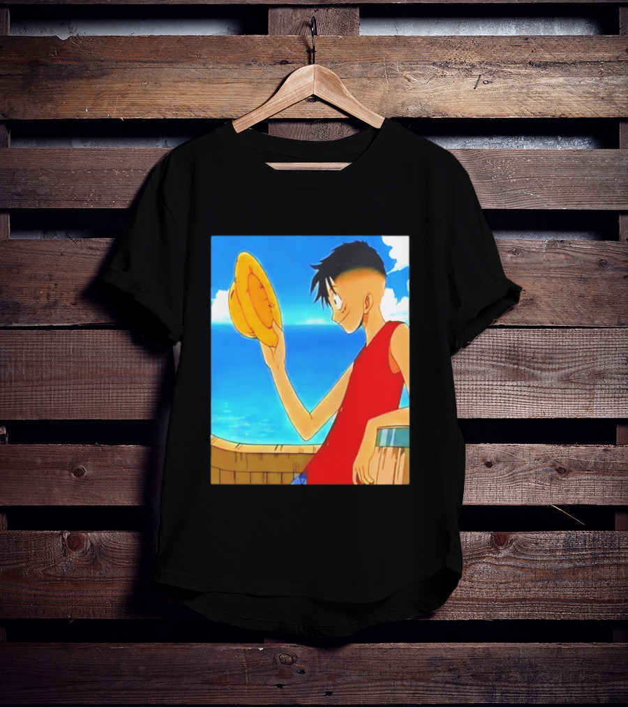 One Piece Luffy Taper Fade Anime Manga Straw Hat Ocean Scene T-Shirt