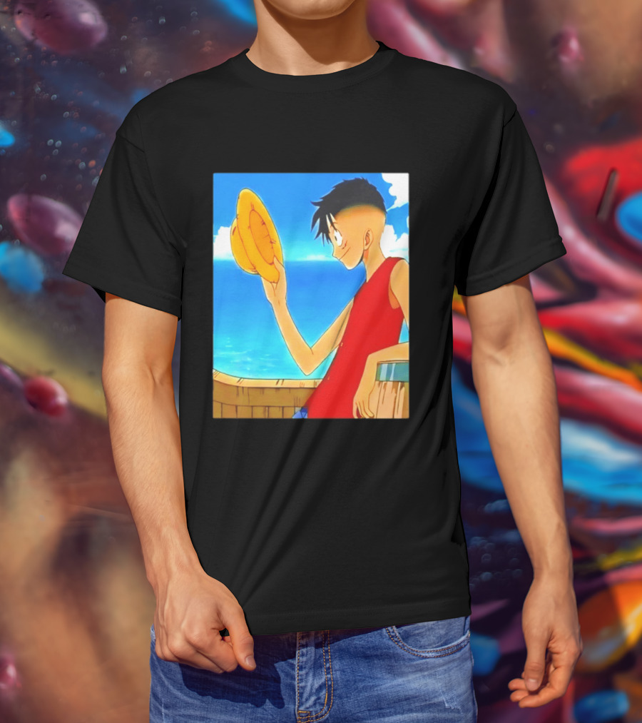 One Piece Luffy Taper Fade Anime Manga Straw Hat Ocean Scene T-Shirt