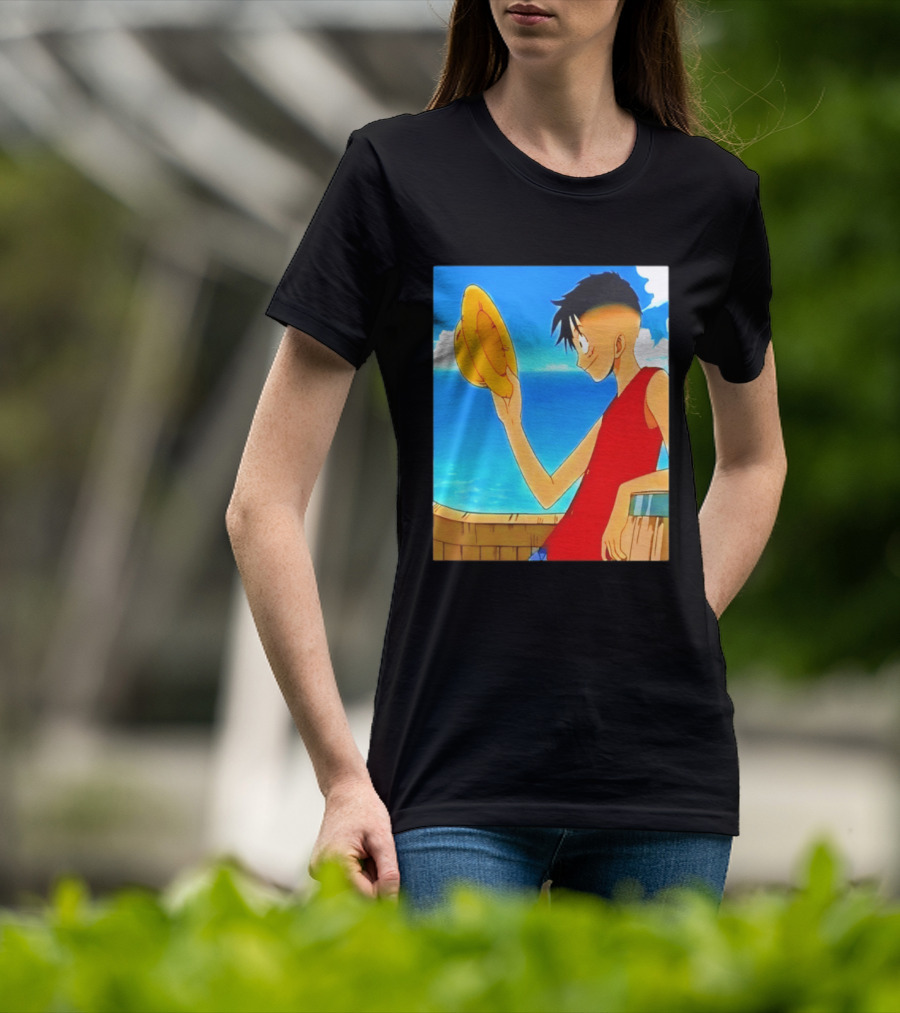 One Piece Luffy Taper Fade Anime Manga Straw Hat Ocean Scene T-Shirt