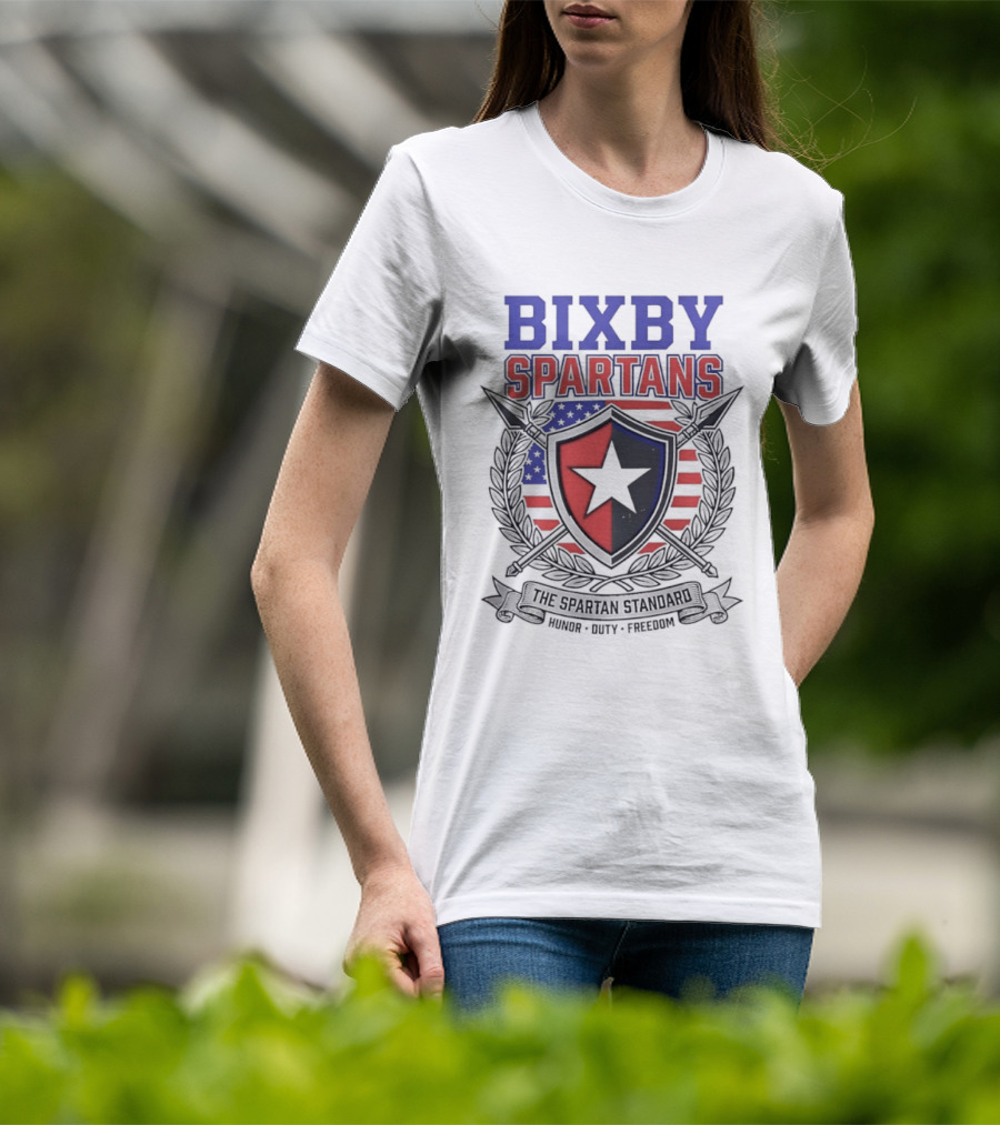 Bixby Spartans Honor Duty Freedom American Flag Shield T-Shirt