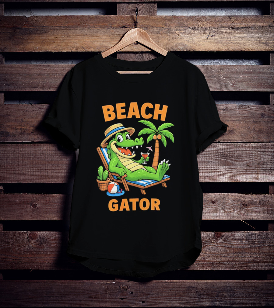 Beach Gator Tropical Alligator Vacation Relaxing With Cocktail Palm Tree T-Shirt