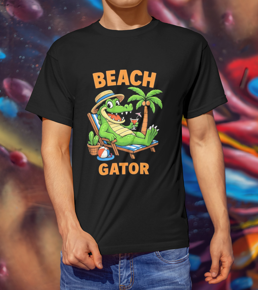 Beach Gator Tropical Alligator Vacation Relaxing With Cocktail Palm Tree T-Shirt