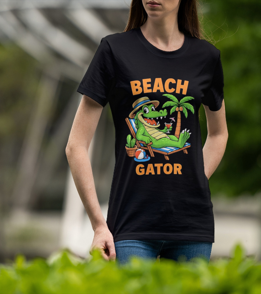 Beach Gator Tropical Alligator Vacation Relaxing With Cocktail Palm Tree T-Shirt