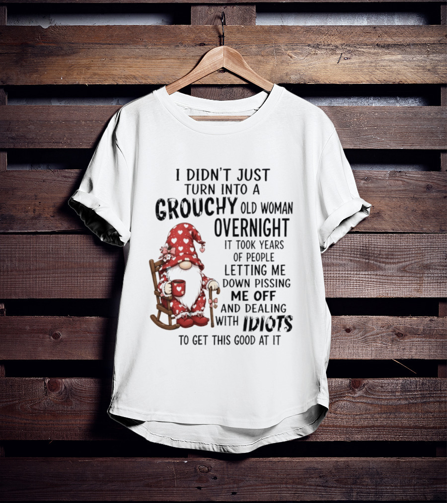 I Didn't Just Turn Into A Grouchy Old Woman Overnight Gnome Humor It Took Years Of People Letting Me Down Pissing Me Off And Dealing With Idiots T-Shirt