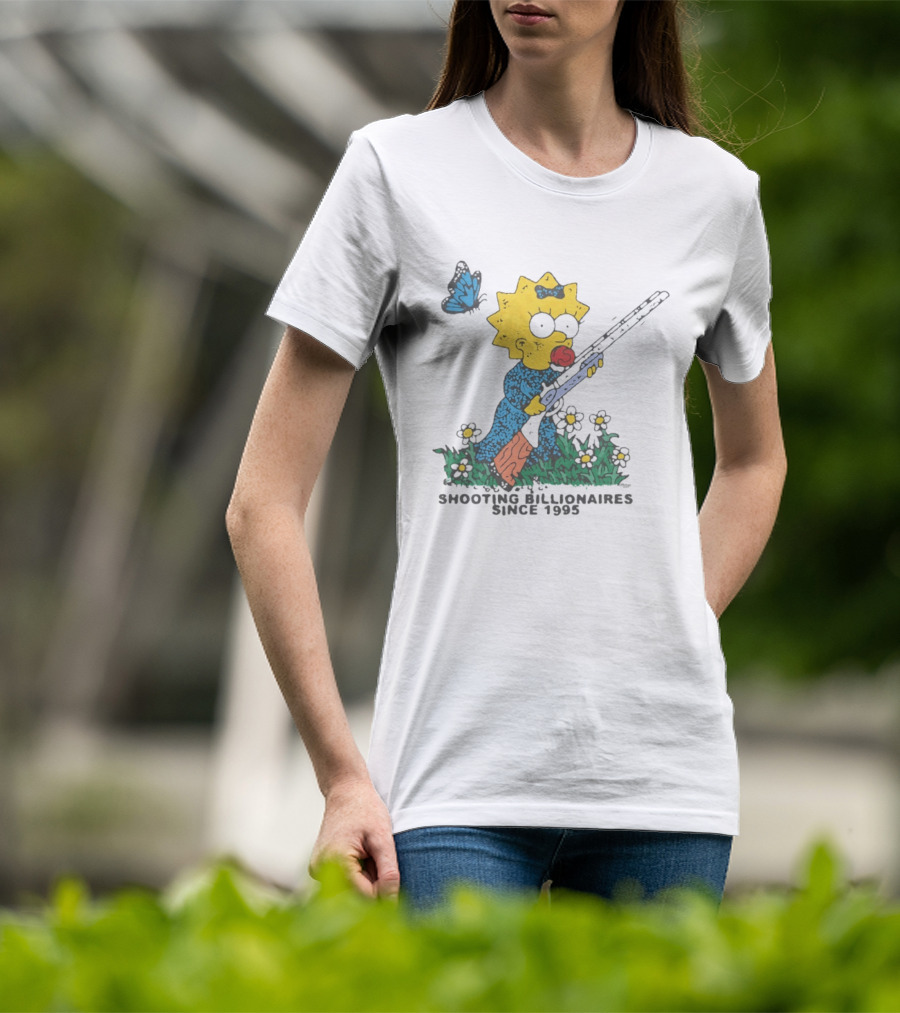 Maggie Simpson Shooting Billionaires Butterfly And Flowers Since 1995 T-Shirt