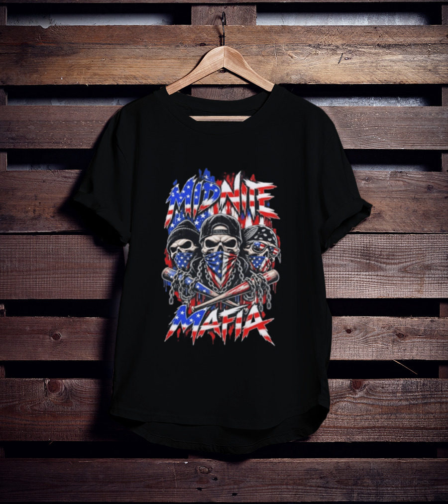 Midnite Mafia Skulls American Flag Bandanas Baseball Bats Chains T-Shirt