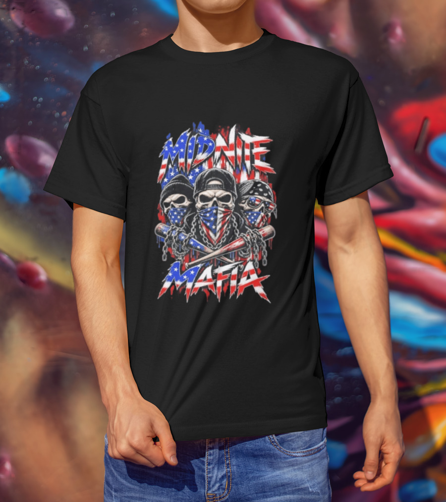 Midnite Mafia Skulls American Flag Bandanas Baseball Bats Chains T-Shirt