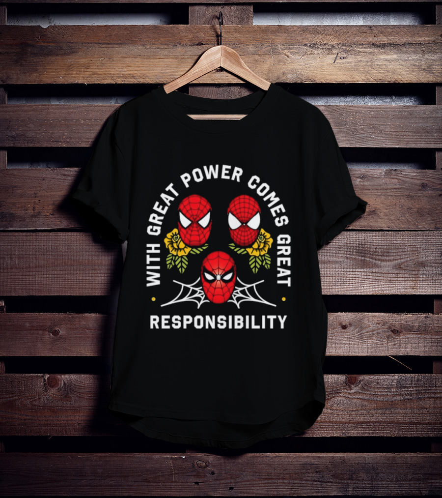 With Great Power Comes Great Responsibility Spider Man Masks Webs Flowers T-Shirt