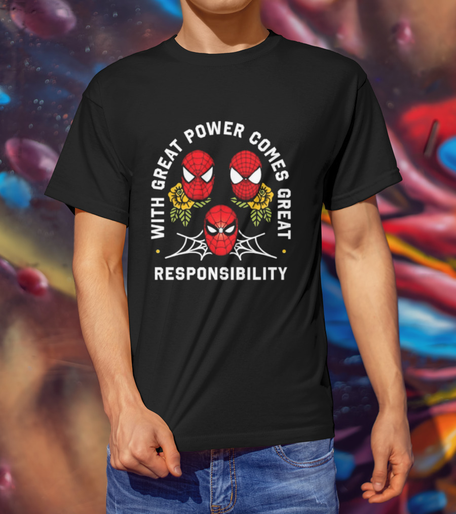 With Great Power Comes Great Responsibility Spider Man Masks Webs Flowers T-Shirt