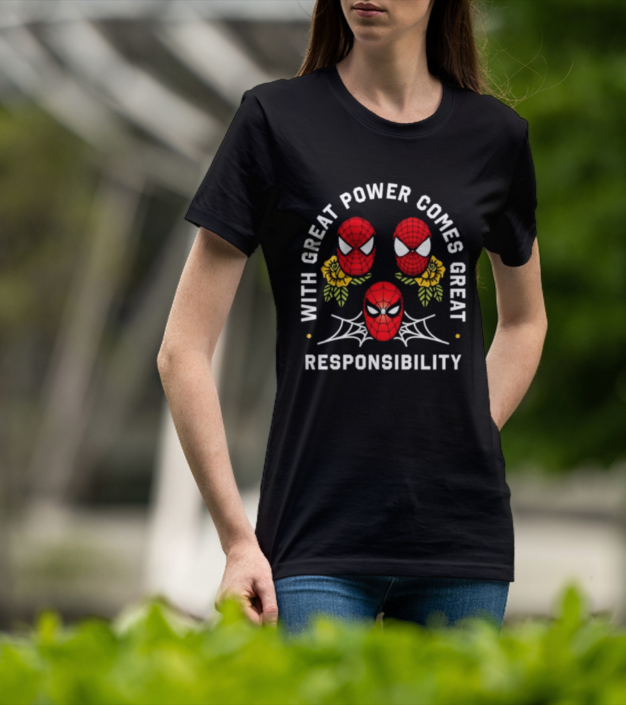 With Great Power Comes Great Responsibility Spider Man Masks Webs Flowers T-Shirt