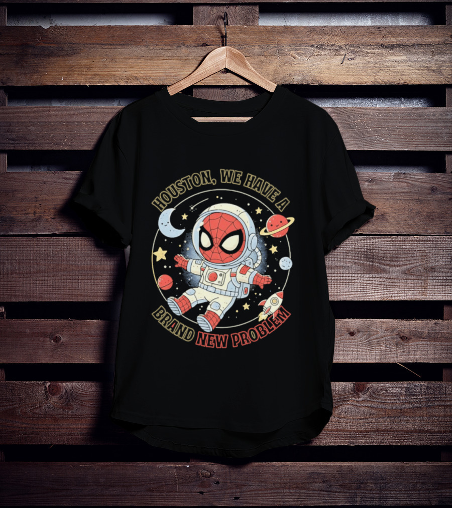 Houston We Have A Brand New Problem Spider Man Astronaut Moon Stars Planets T-Shirt