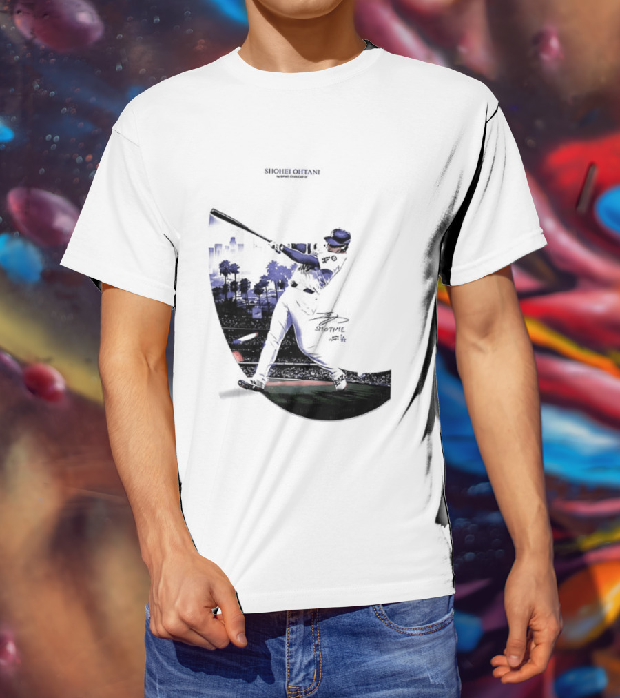 Shohei Ohtani 17 Los Angeles Angels MLB Slugger Swing Two Sided T-Shirt